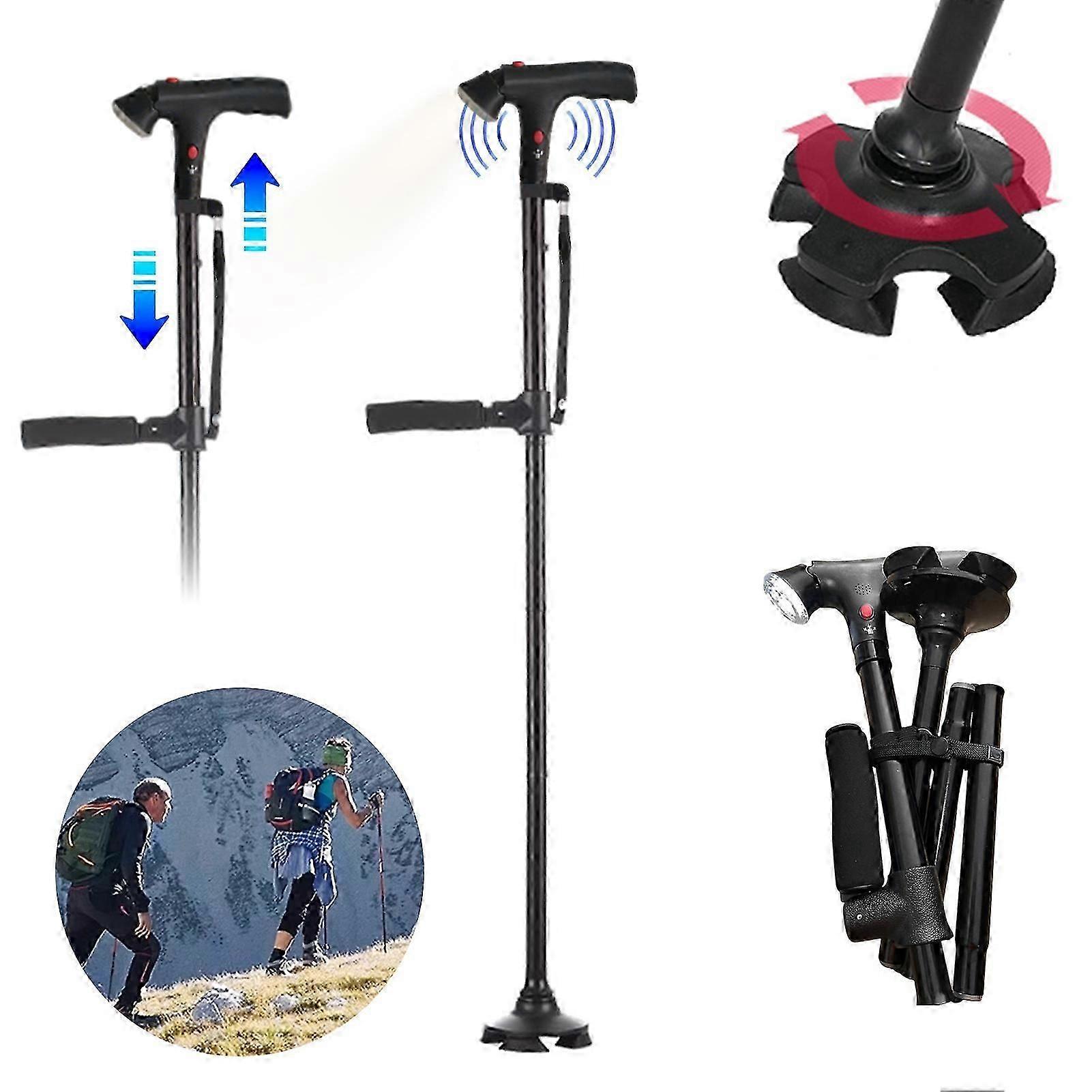 Adjustable Walking Cane with LED Light 4 Point Base 220lb Supportb