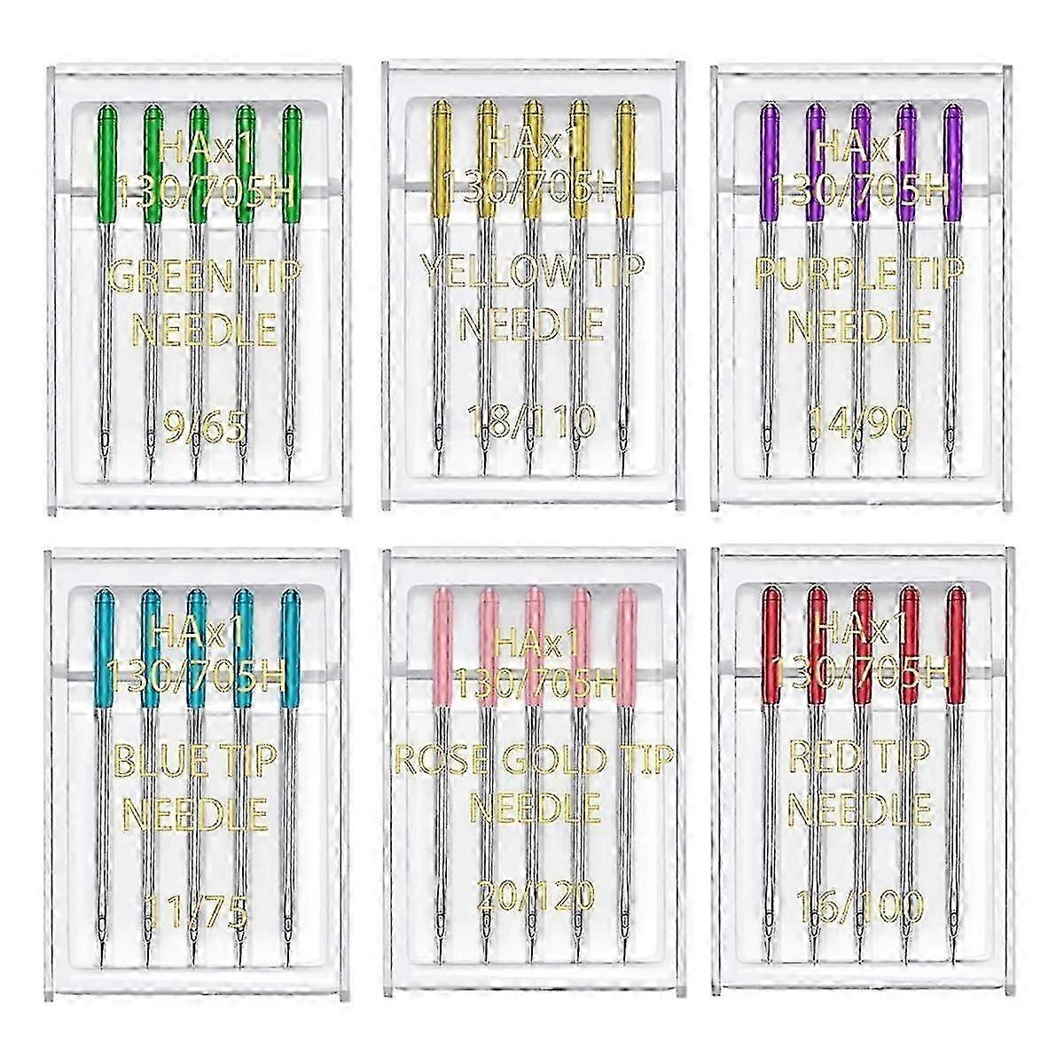 30PCS Universal Regular Point Flat Shank Sewing Machine Needles, 6 Assorted Sizes, Compatible with Singer Sewing Machines
