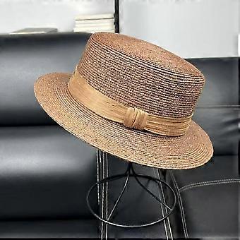 High quality extra fine raffia flat top straw hat women sun protection fashion trendy holiday wind flat brim hat small edge beach hat