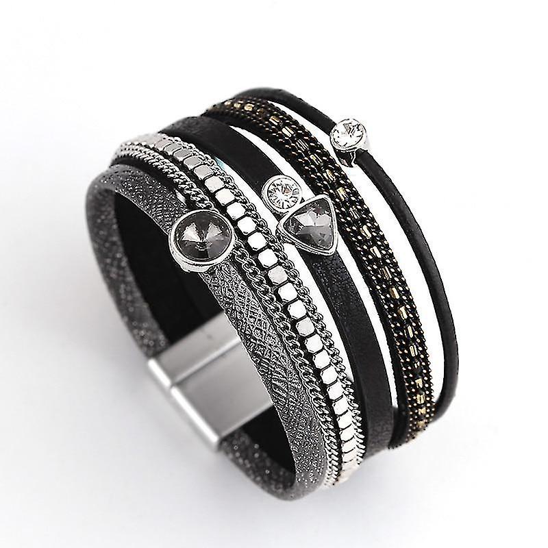 トレンディなラインストーン- クリスタルチャームフェム、ワイドレザーブレスレット