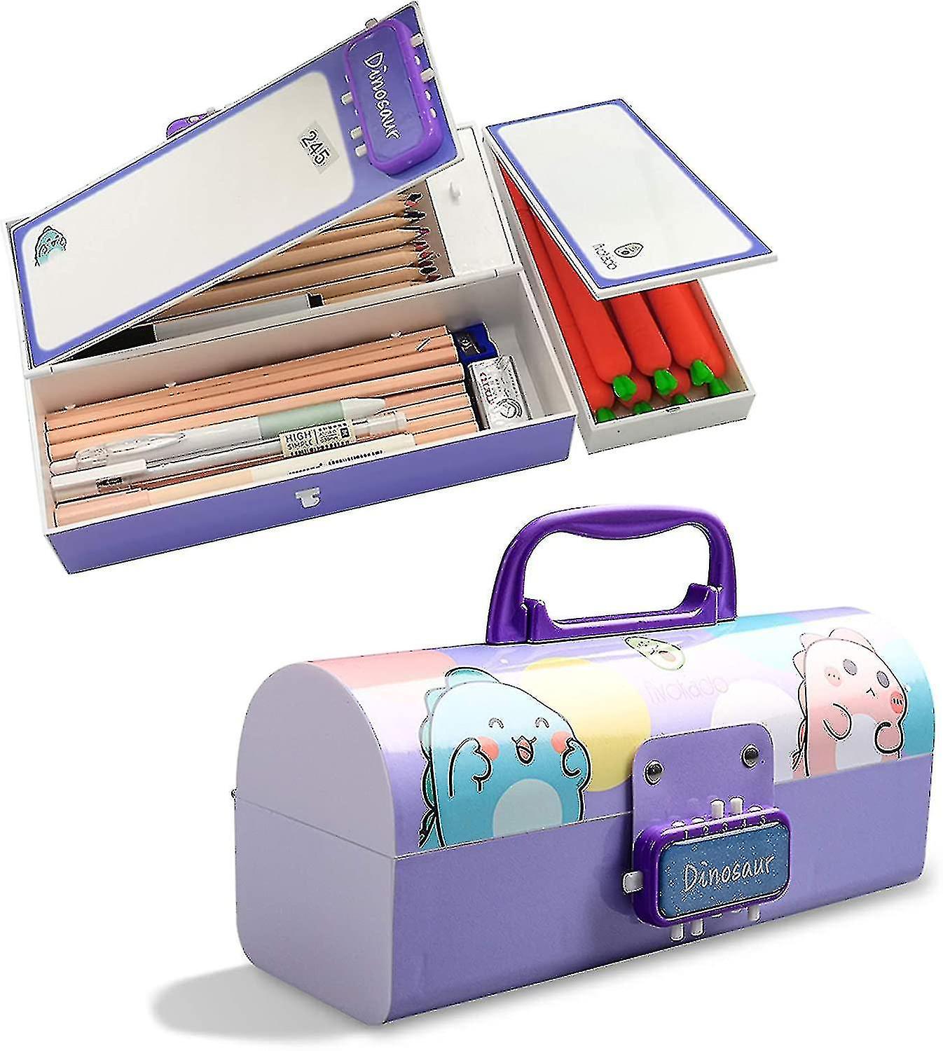 Multifunction Pencil Box With Double Password Lock, Large Capacity Plastic Stationery Case Combinati