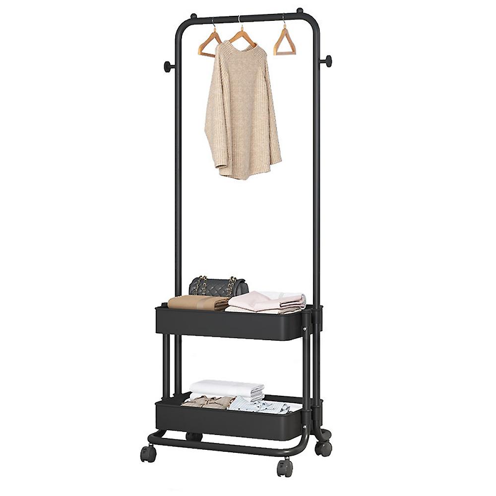 3-in-1 Garment Rack Shoe Rack Clothing Rack with 2 Tiers Basket and 2 Side Hooks Movable Storage Car