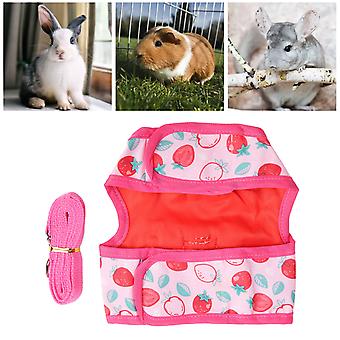 Rabbit Harness Dress Pink Cartoon Strawberry Printing Dyeing Soft Breathable Rabbit Clothes Leash with Tow Rope for Hamster L