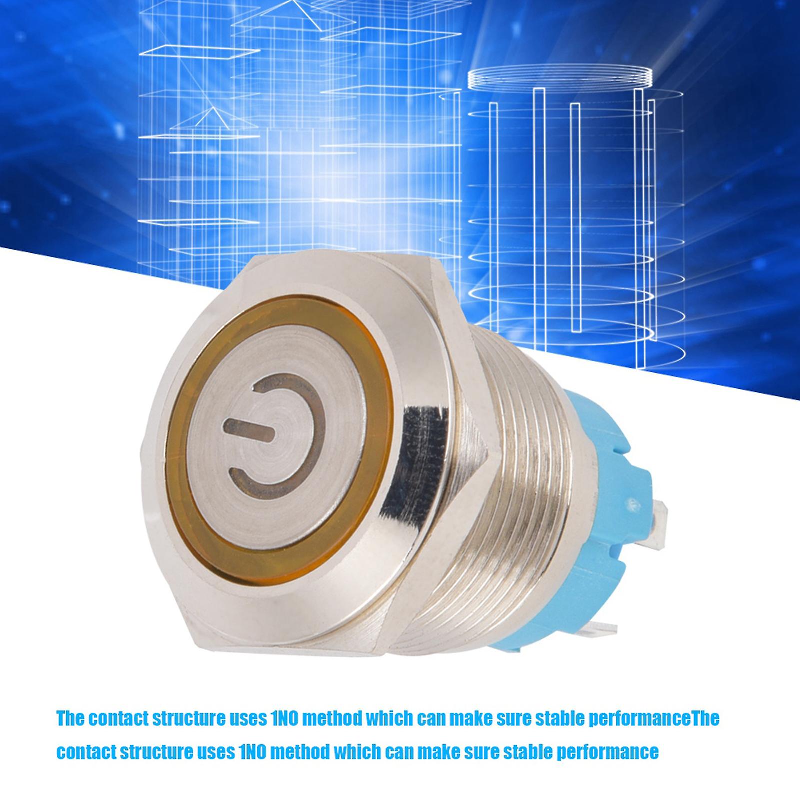 2Pcs 19mm Push Button Switch 4-Pin Stainless Steel Yellow Light