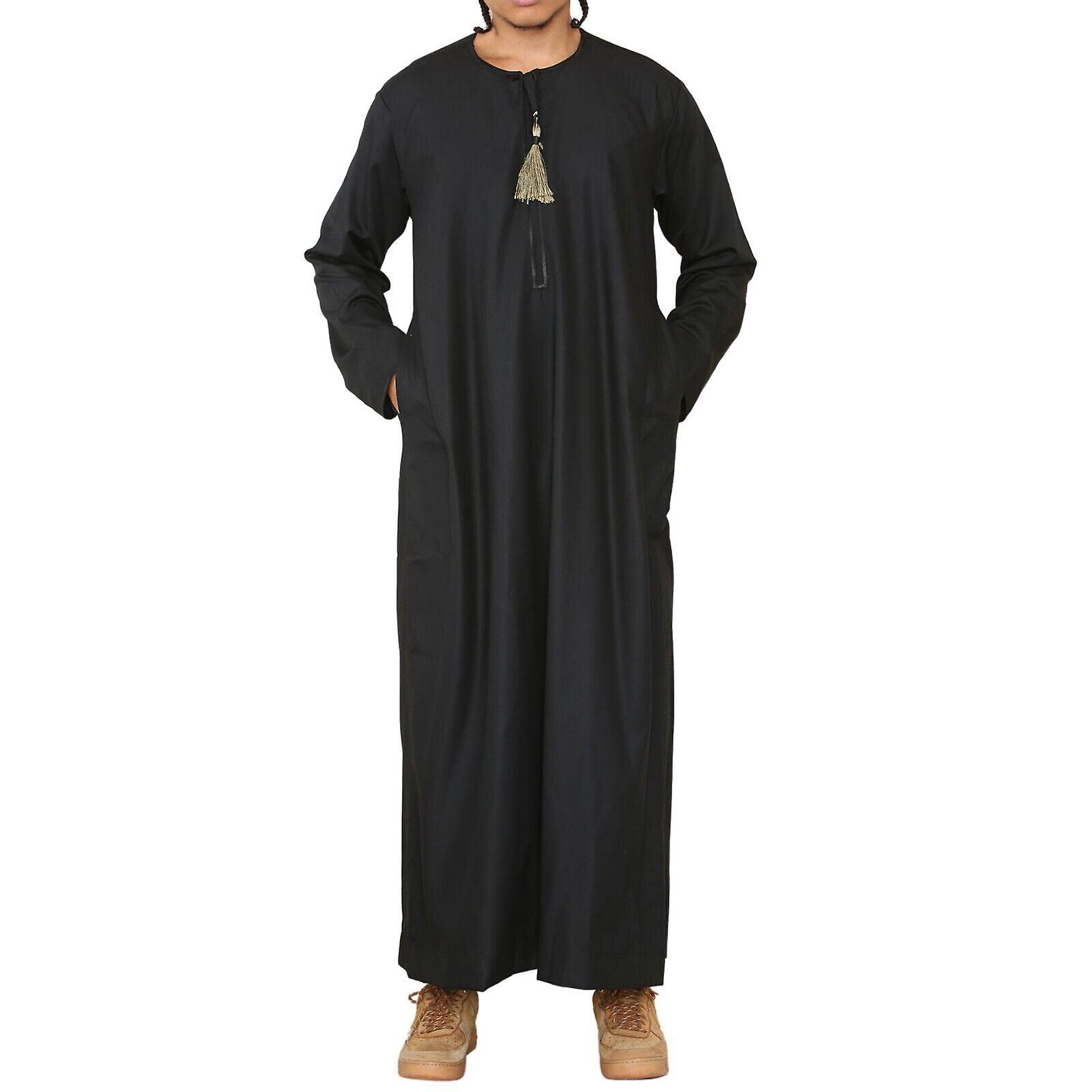 Mens Black Thobe Jubba Saudi Islamic Arab Eid Emirati Kaftan Jubbah Tassel Robes