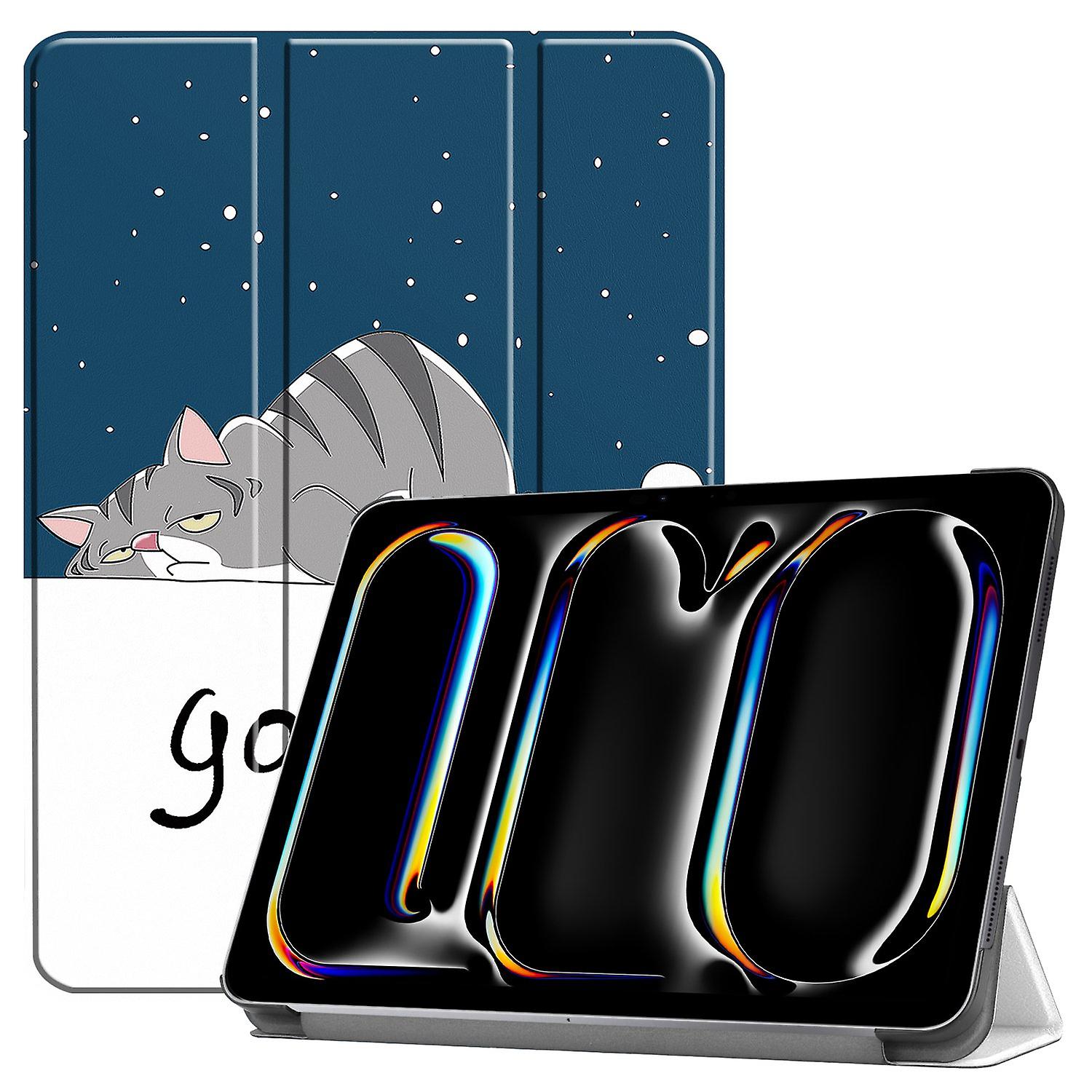 For iPad Pro 11 (2024) Case Trifold Stand PU Leather Pattern Smart Tablet Cover - Cat