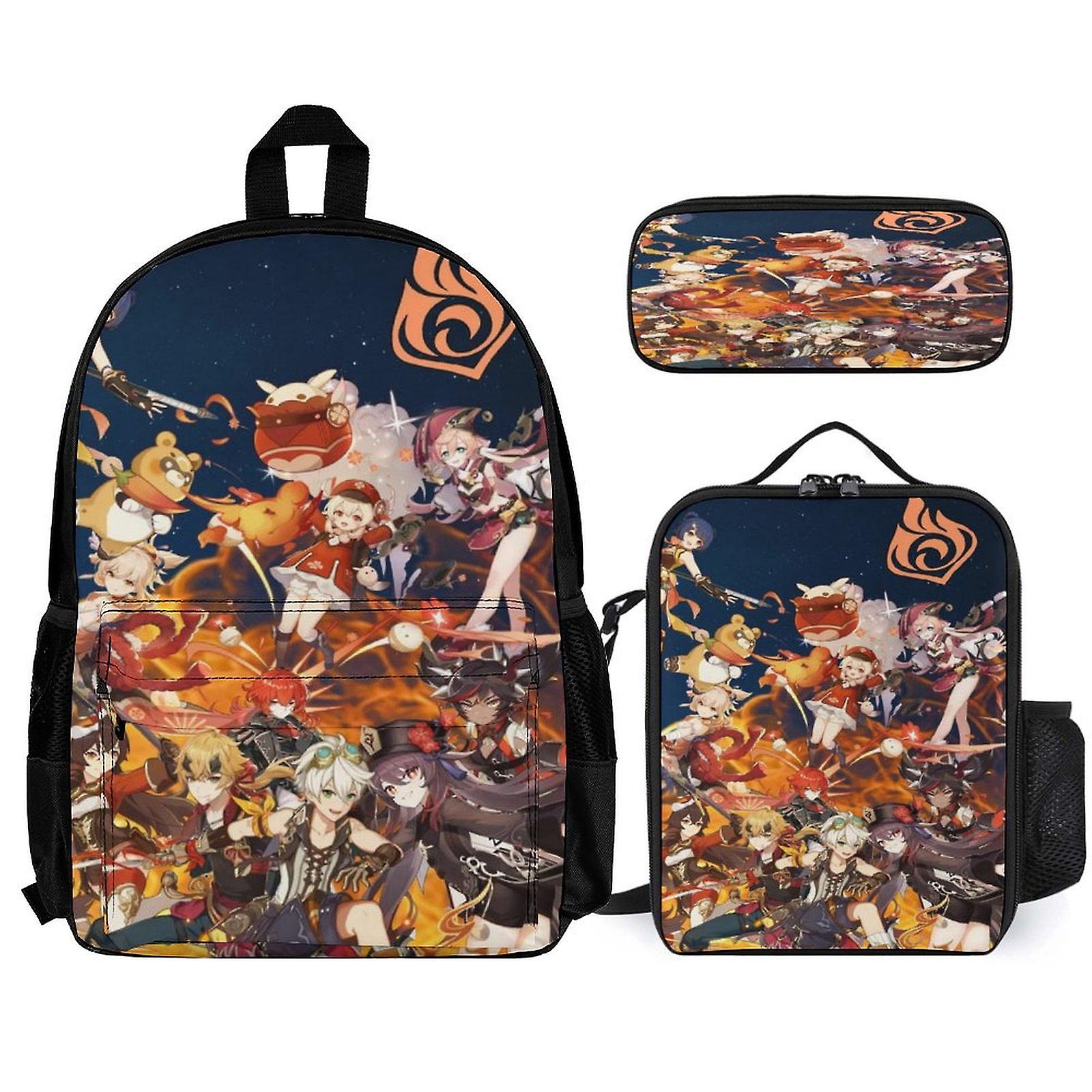 Genshin Impact Backpack 3 Piece Set Laptop Backpack with Pencil Case Lunch Bag Combination