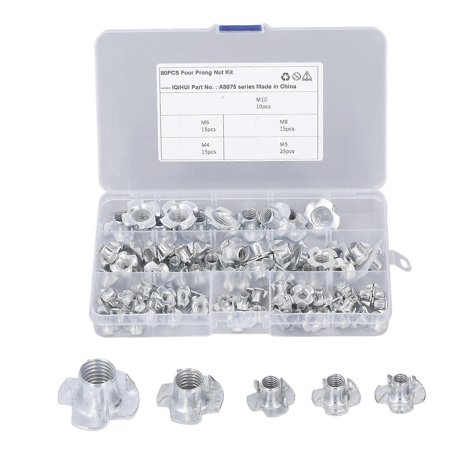 80 Pcs T Nut Set 5 Specifications Carbon Steel White Zinc Plating Rust Resistance High Hardness 4 Pronged Tee Nuts 