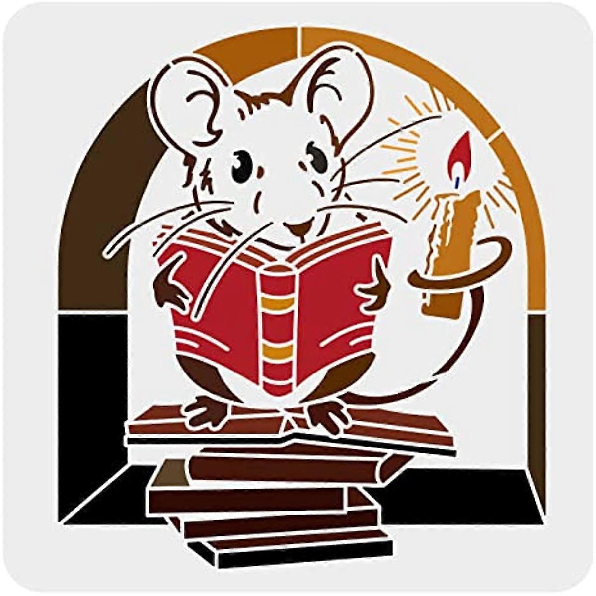 Banksy Mouse Stencil 11.8x11.8 inch Reading Rats Stencil Plastic Banksy Painting Stencil Reusable Mouse Books Candle Pattern Stencils for Painting on