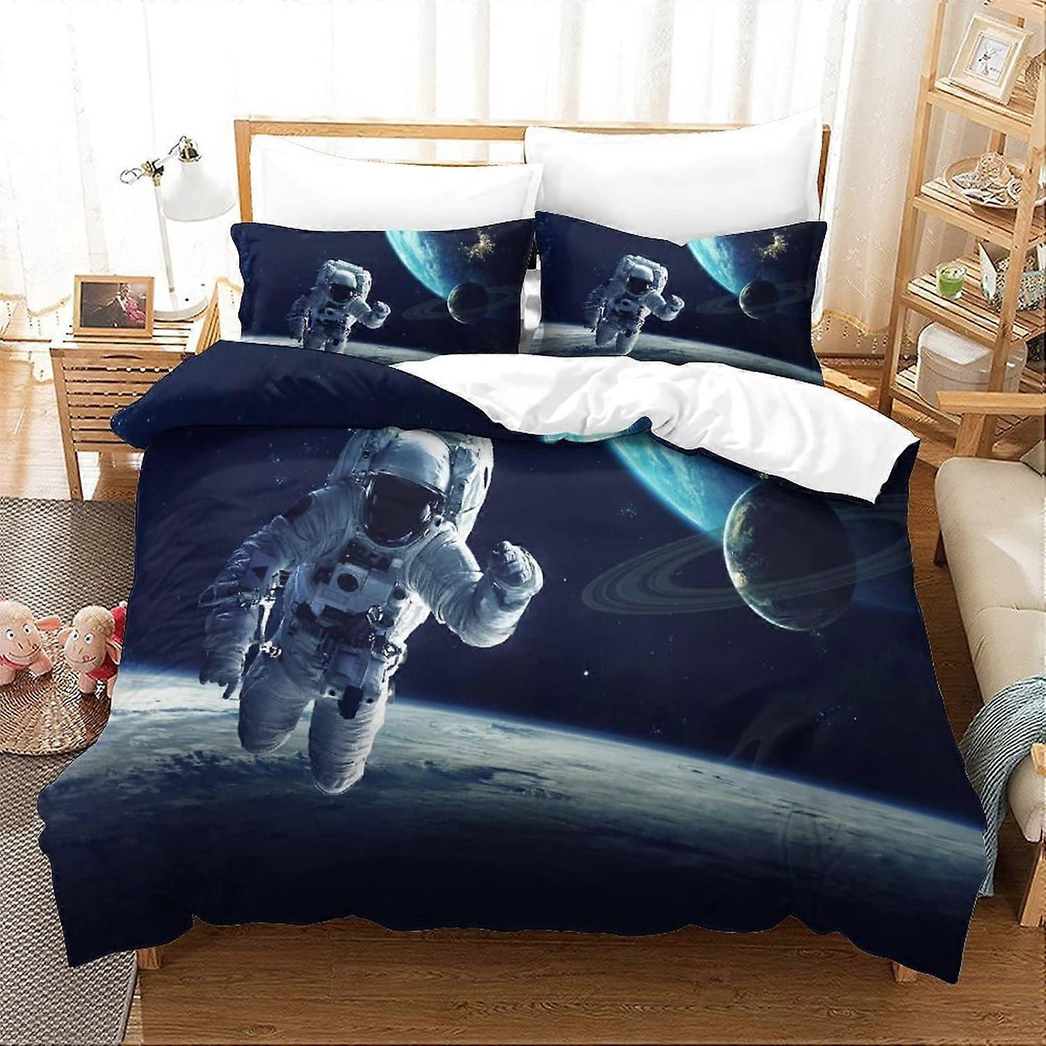Planet Astronaut Duvet Cover with Pillowcases D Printed Bedding Set with Zipper Closure Soft Microfiber Duvet Cover Set 135*200 CM