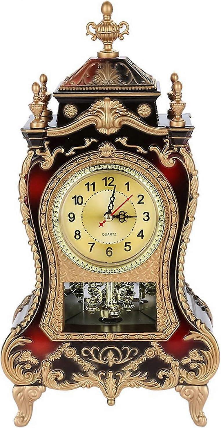Vintage Desk Clock, European-Style Table Clock Wall Clock with Ornate Details and Vintage Finish, Antique Mantel Clock f-Brown Red