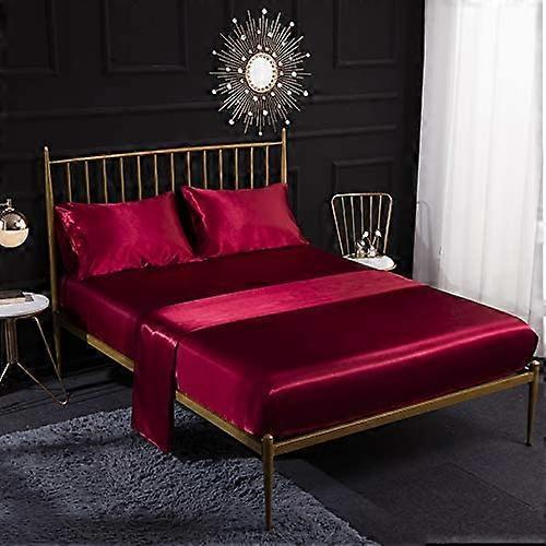 4 Piece Silk Sateen Bedding Set with Fitted Sheet, Flat Sheet, Pillowcase, Breathable, Soft and Comfortable Red (Super King)