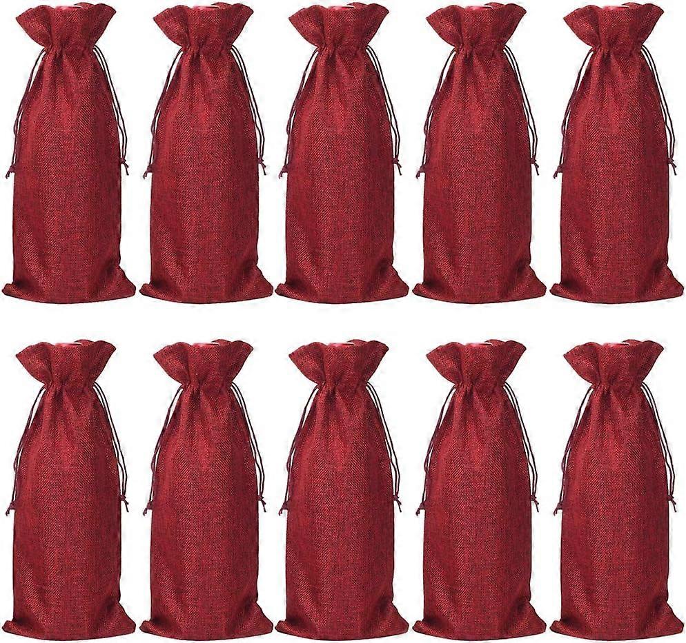 Package Pack of 10 Burlap Wine Bags with Drawstring for Christmas, 14 x 6 1/4 inches (Red)