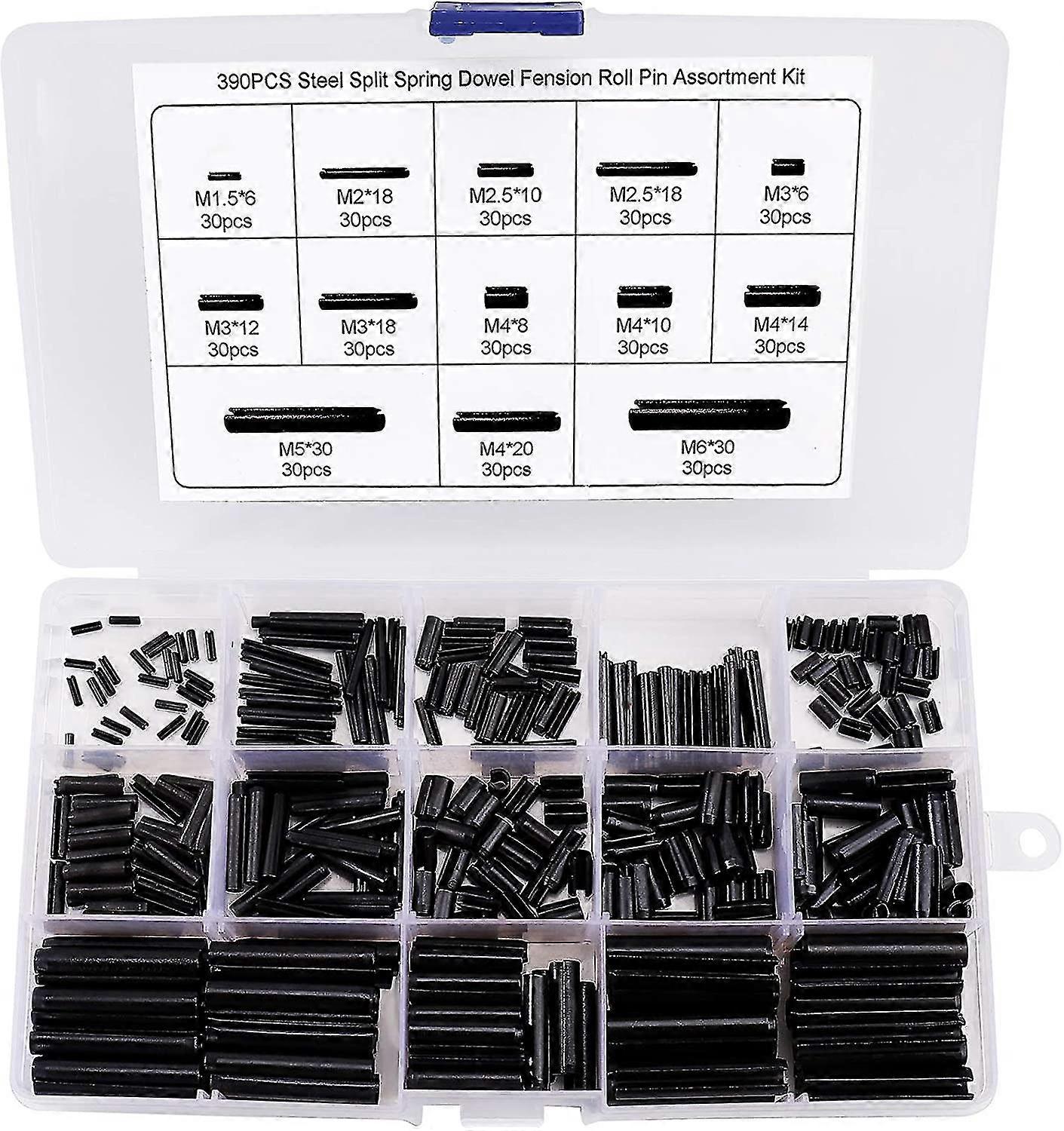 390 Pieces Manganese Steel Spring Pin Assortment Kit M1.5 M2 M2.5 M3 M4 M5 M6 With Box