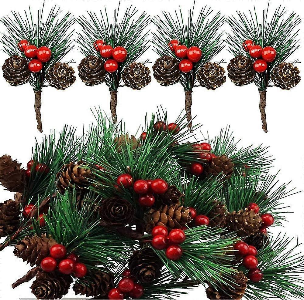 20 Branch Red Berry Pine Cones Pine Needles Stems Artificial