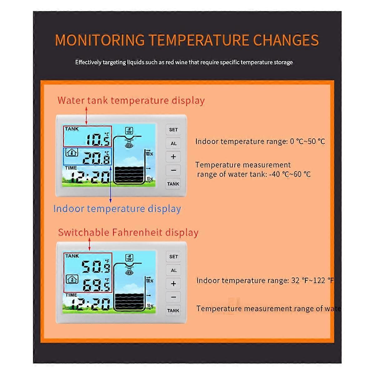 Ultrasonic Level Sensor,Water Tank Liquid Depth Level Meter Sensor Liquid Level Sensor with Temperature Display LED