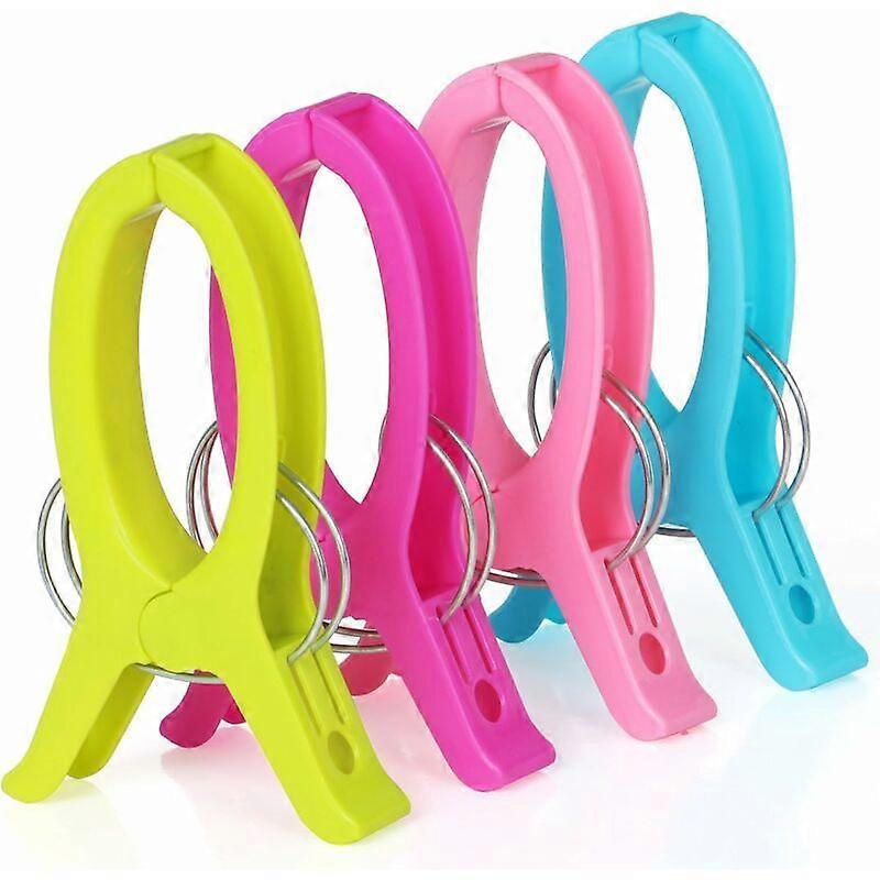 Large clips, for towels, loungers and beach chairs, in various bright colors, made of plastic, luxury edition with extra strong metal springs, set of 