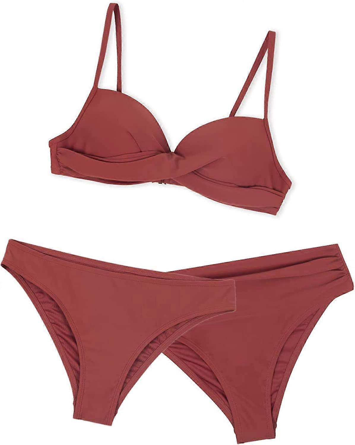 Femmes Bikini Set 3 pièces Ruched Twist Front Thin Straps Top Mid Rise Low Taille Bottom Maillot de bain Maillot de bain