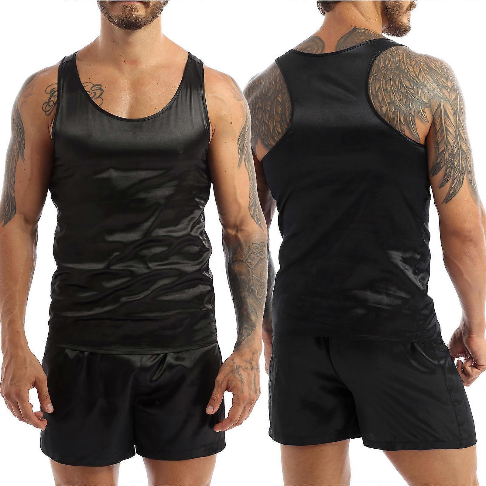 Men's Silk Satin Pajamas Set Sleeveless Vest Top and Boxer Shorts Sleepwear Loungewear