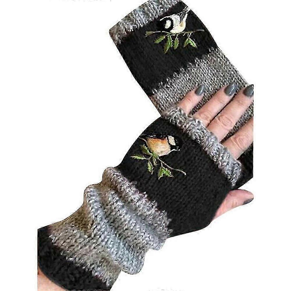 Naisten lintujen kirjonta lämpimät käsineet neulotut sormikkaat