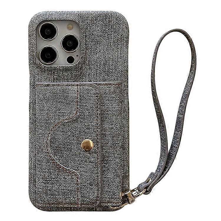 Compatible For iPhone 16 Pro Max Case Card Slots Mirror Design Jeans Cloth Texture PU Leather Back Cover with Strap