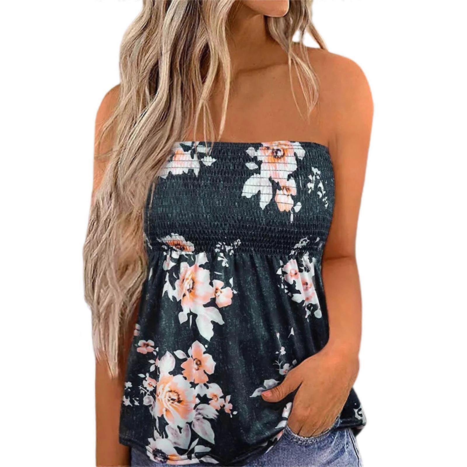 Kolsuz Bluzlar Kadınlar Çiçek Baskı Seksi Strapleless Tüp Üst Pileli Bodycon Yelek Gömlek Plajlar için Askısız Gömlekler Gra XL üzerinde beyaz çiçekler