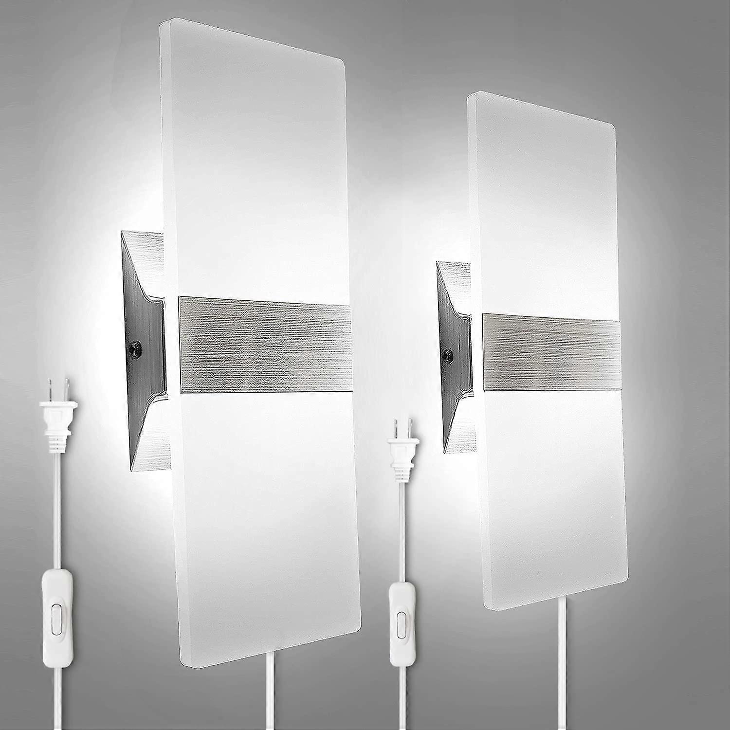2-Pack, Modern Acrylic Wall Sconces 10W 6000K Cool White, 6Ft/180Cm Plug-In Cord With On-Cord Switch