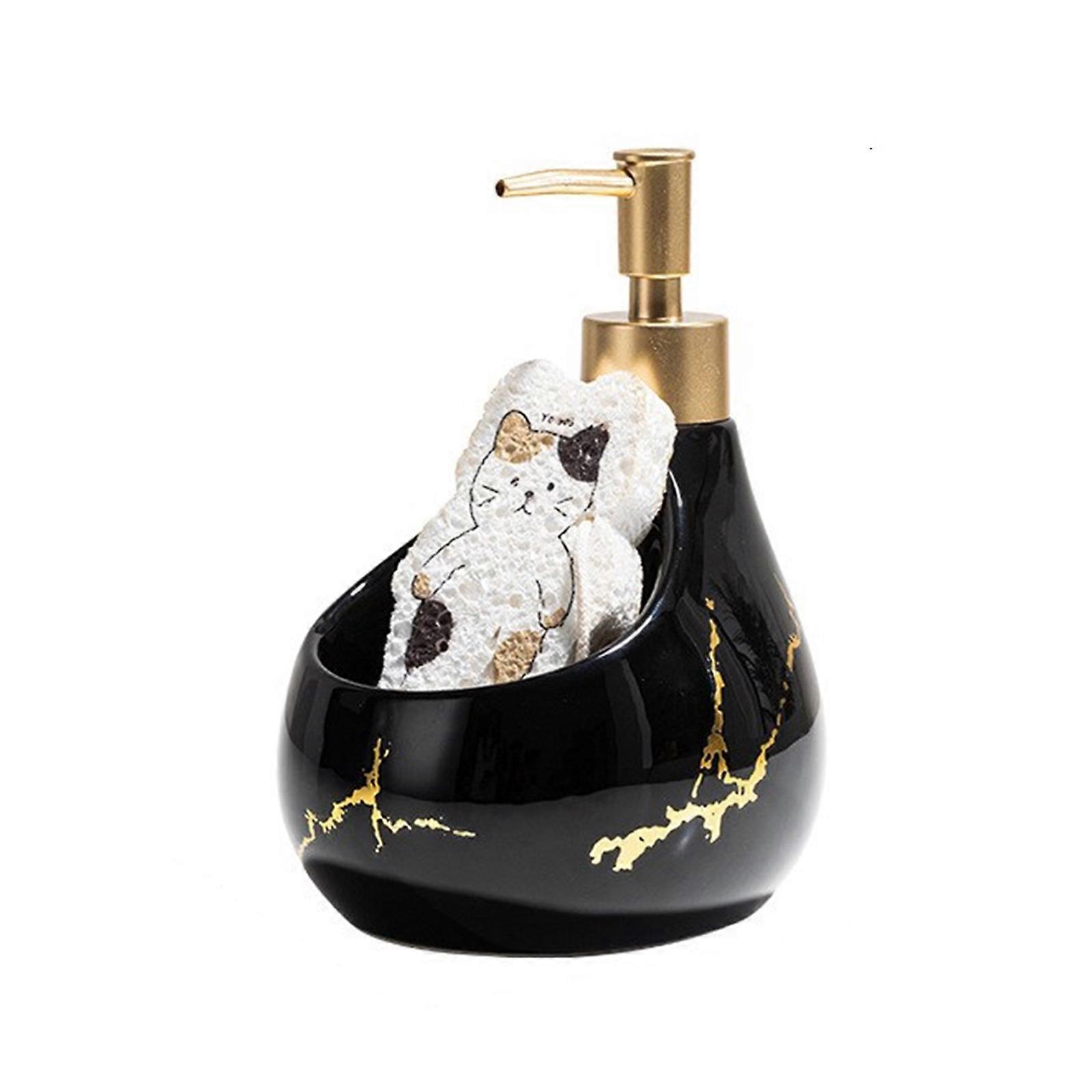 Ceramic Refillable Soap Bottle with Dish Sponge Set Reusable Liquid Soap Dispenser for Home Decors and Functionality  Black