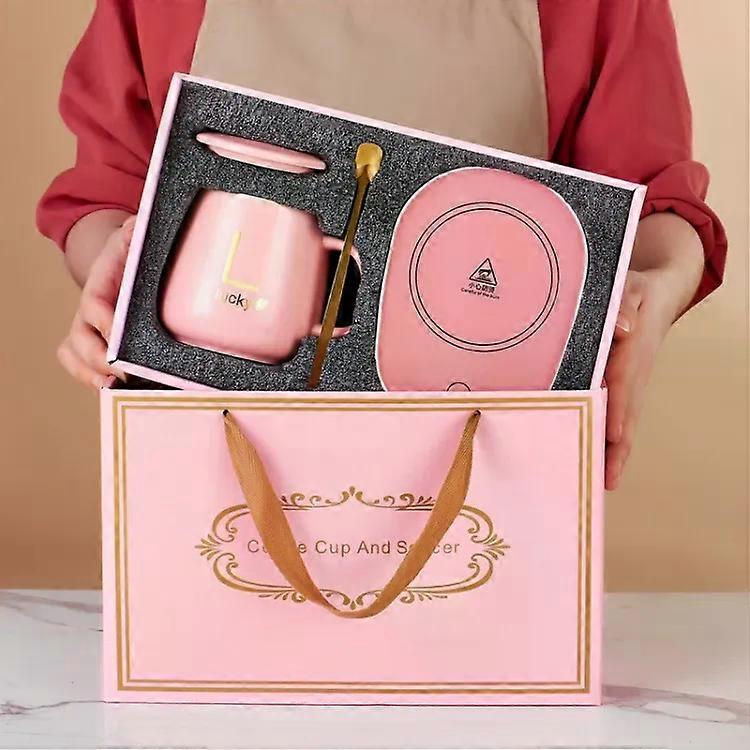 Constant Temperature Heating Smart Ceramic Coffee Cup Set USB Plug(Pink+Gift Box) Pink+Gift Box
