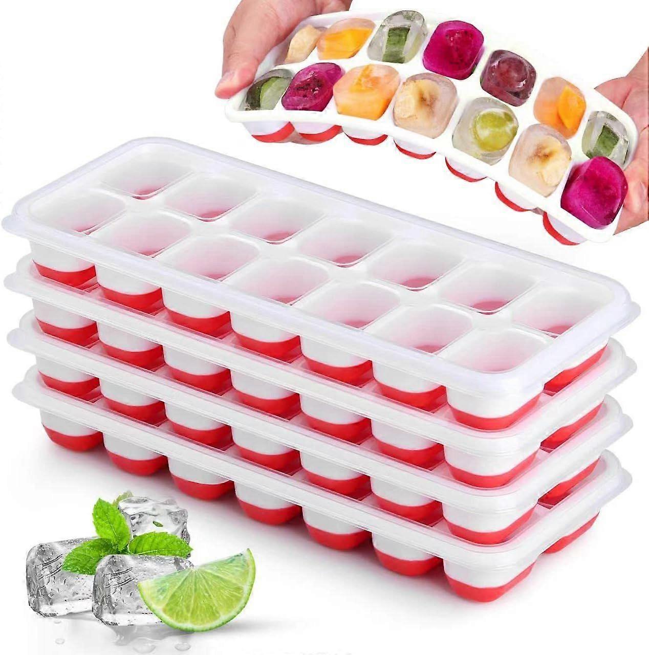 Silicone Ice Cube Trays - 14 Cubes per Tray, Spill-Proof Lids, Stackable for Freezer (4 Pack, Pink)