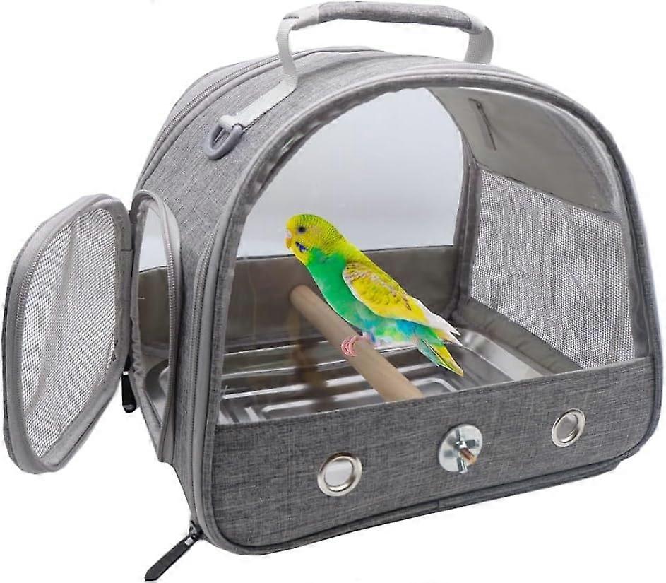 Airline approved for bird travel carrier walking with the stand perch and stainless tray, portable small bird parrot budgerigar carrier. (Gray)