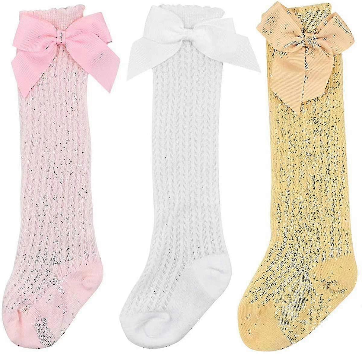 3ペアベビーガールソックスコットン蝶結び膝ハイソックスかわいいスペイン風ニットメッシュソック
