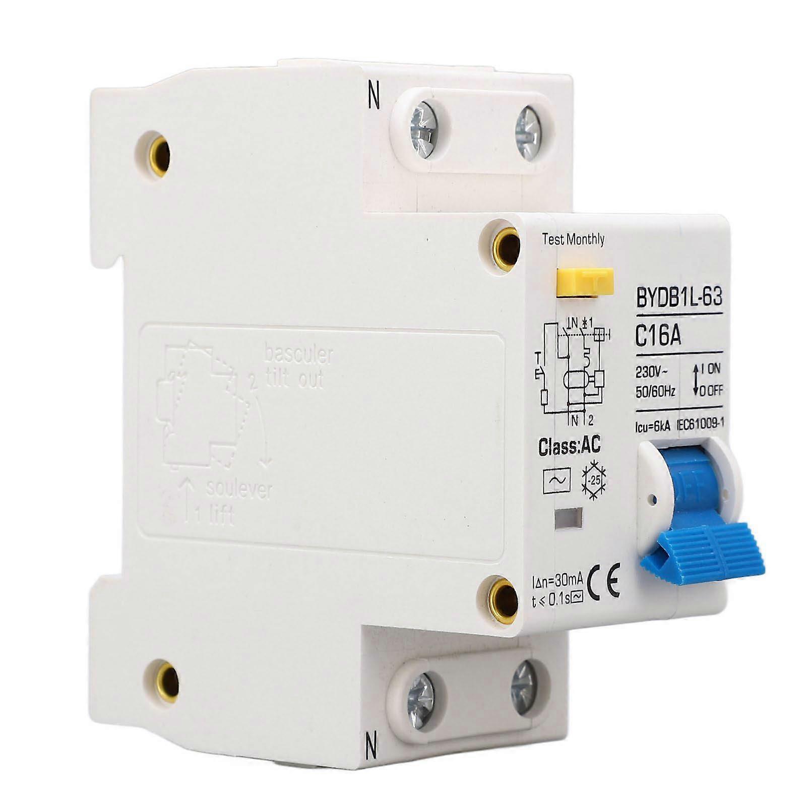 Circuit Breaker 1P+N AC 16A Residual Current Earth Leakage Protection Switch DIN Rail Mounting