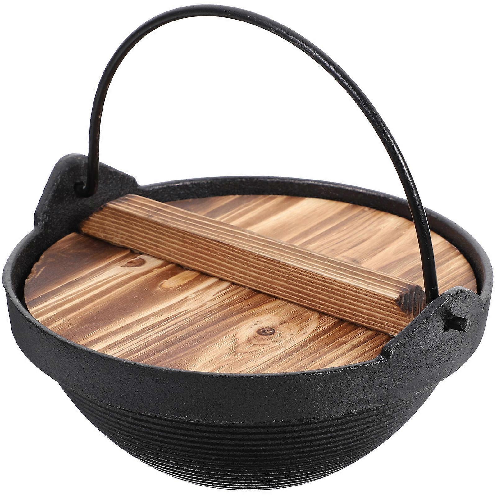 1 Set Sturdy Japanese Style Iron Soup Pot with Wooden Lid for Home Use 2.5L