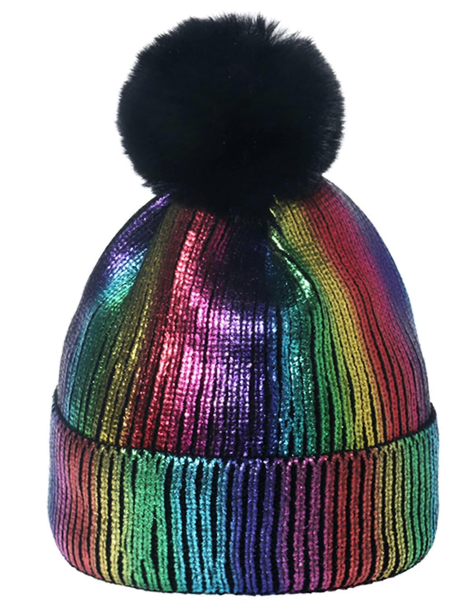 Fashion Metallic Beanie Hat with Removable Fur Pom Pom, One Size Large