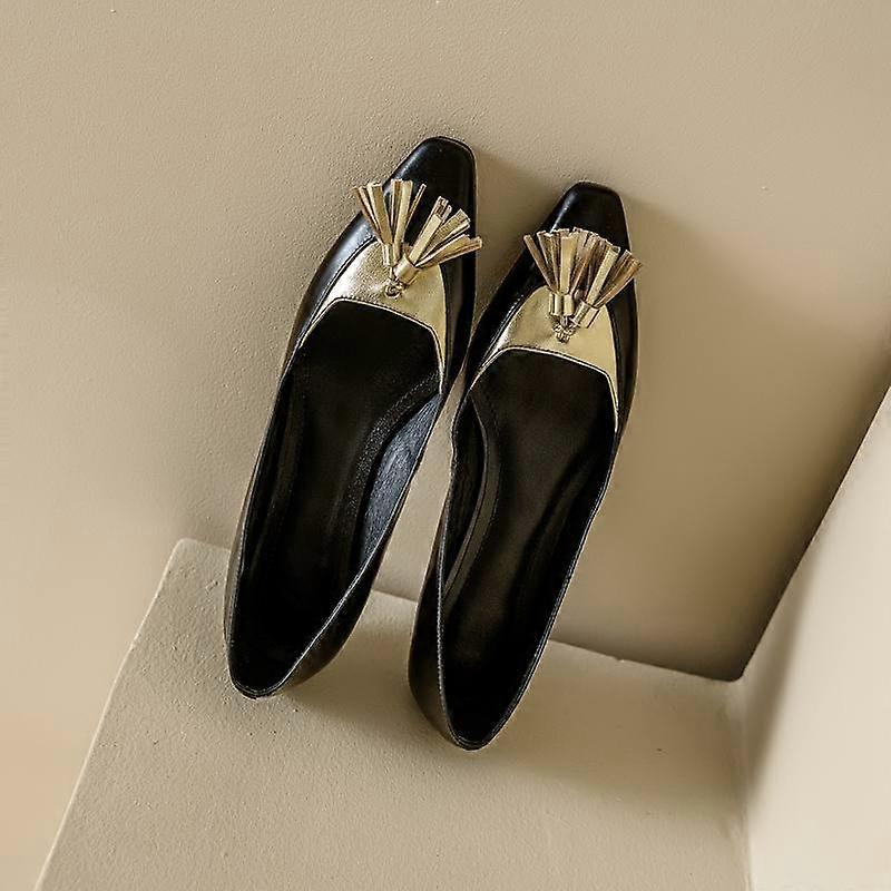 Krazing Pot Cow Skin Square Toe Thick Low Heels Summer Shoes Tassel Fringe Mixed Color Slip on Women Pumps