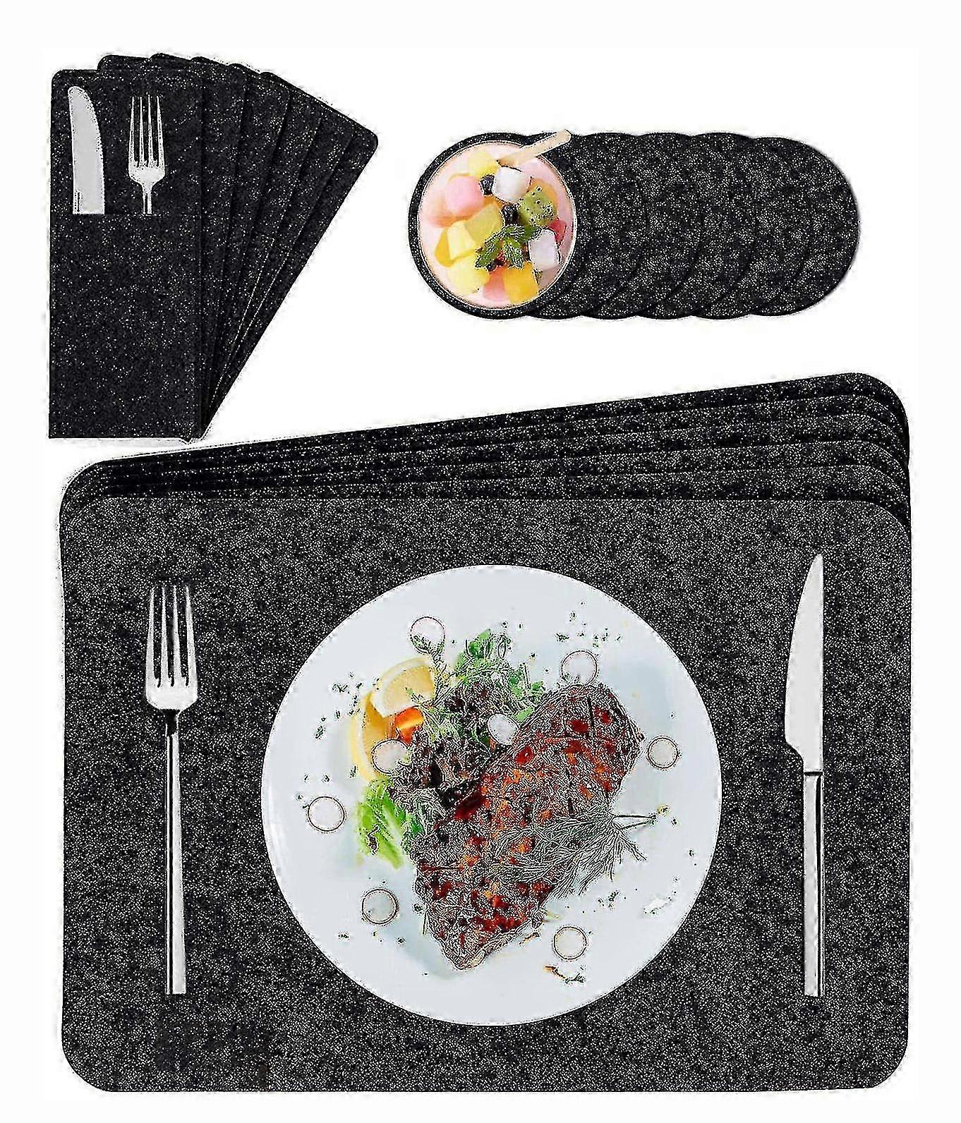 Ensemble de sets de table lavables - 6 sets de table lavables + 6 sous-verres en verre + 6 sacs à couverts