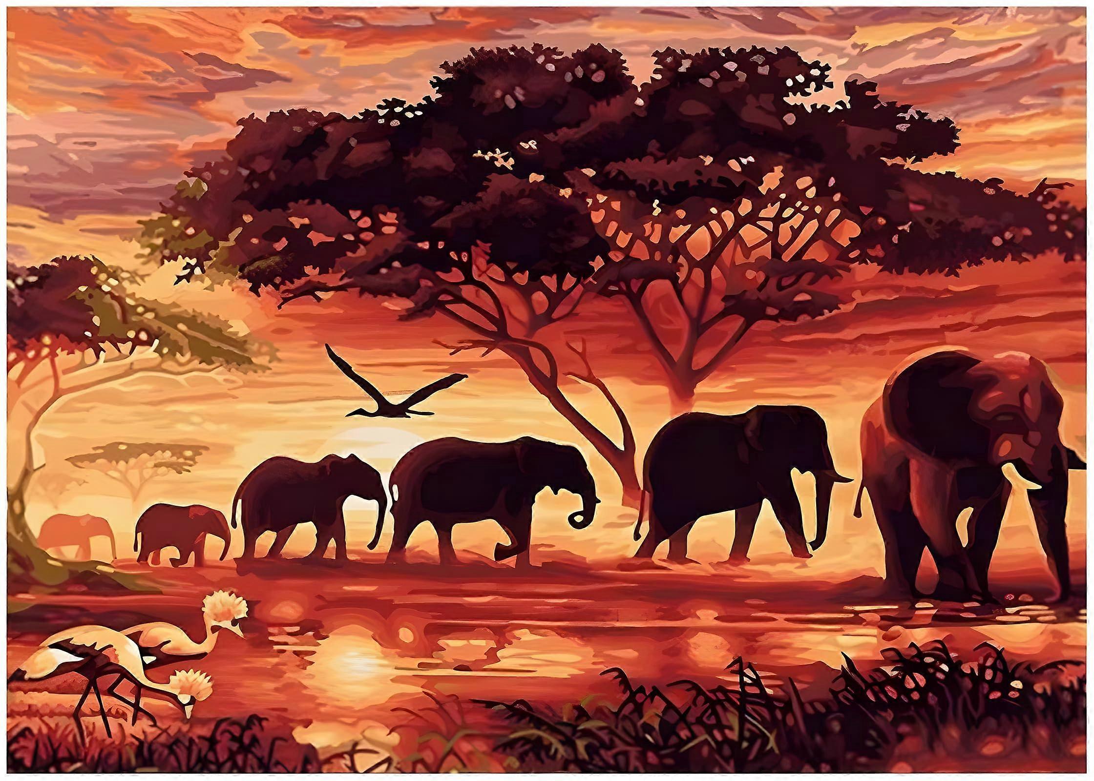 5D DIY Diamond Painting By Numbers Kit, Full Round Drill, Crystal Rhinestones, Elephants, 12 X 16 In / 30.48 X 40.64 Cm