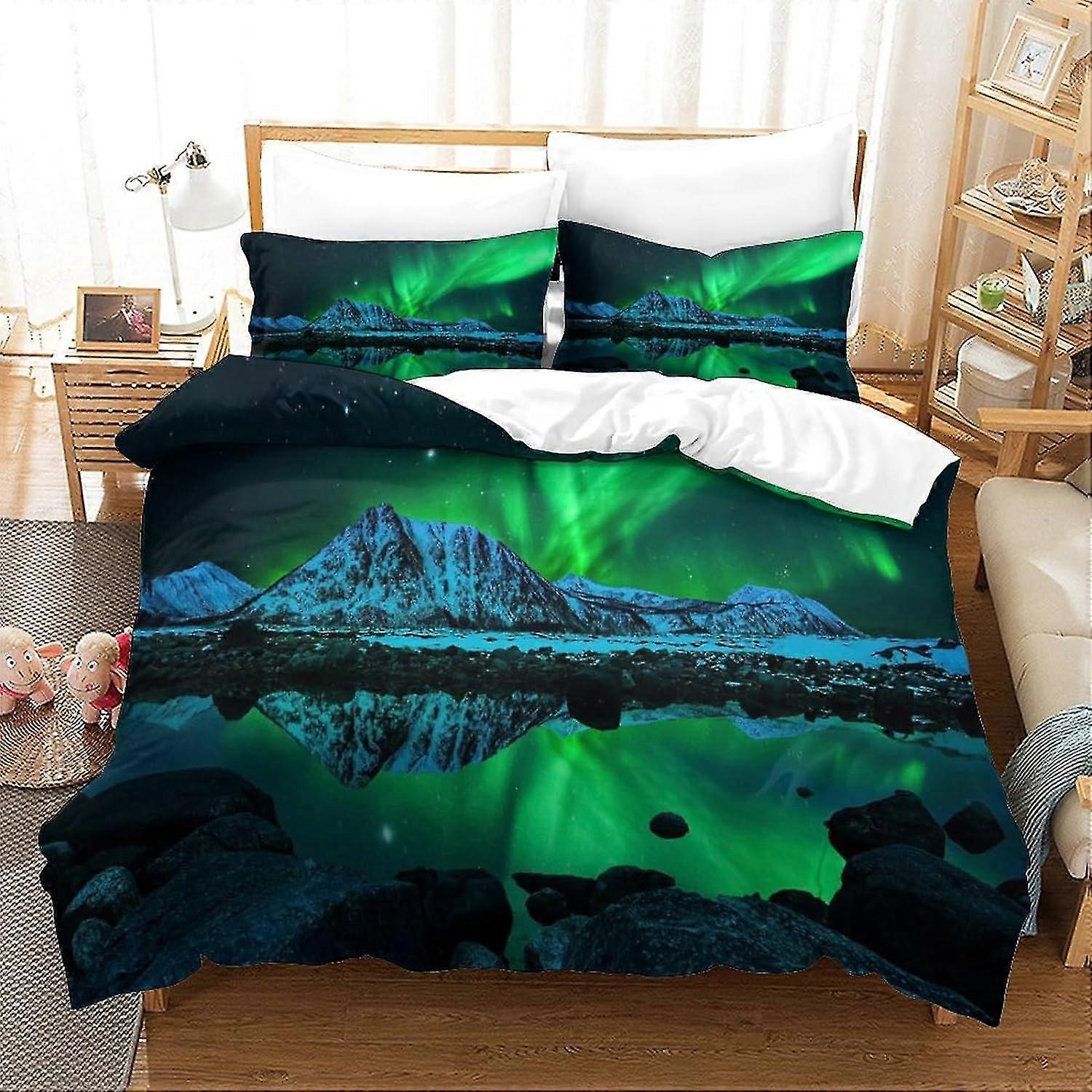 3 Pieces Bedding Set with Pillowcases, Aurora Borealis Duvet Cover with Zipper Closure, Soft Microfiber Quilt Cover, Double Size