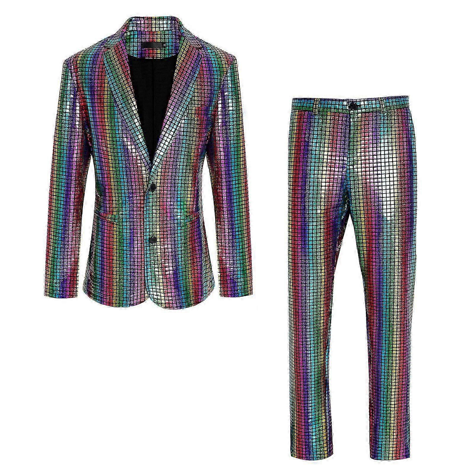 Men's Metallic Sequin Slim Suit Set 70s Disco Prom Outfit Costume