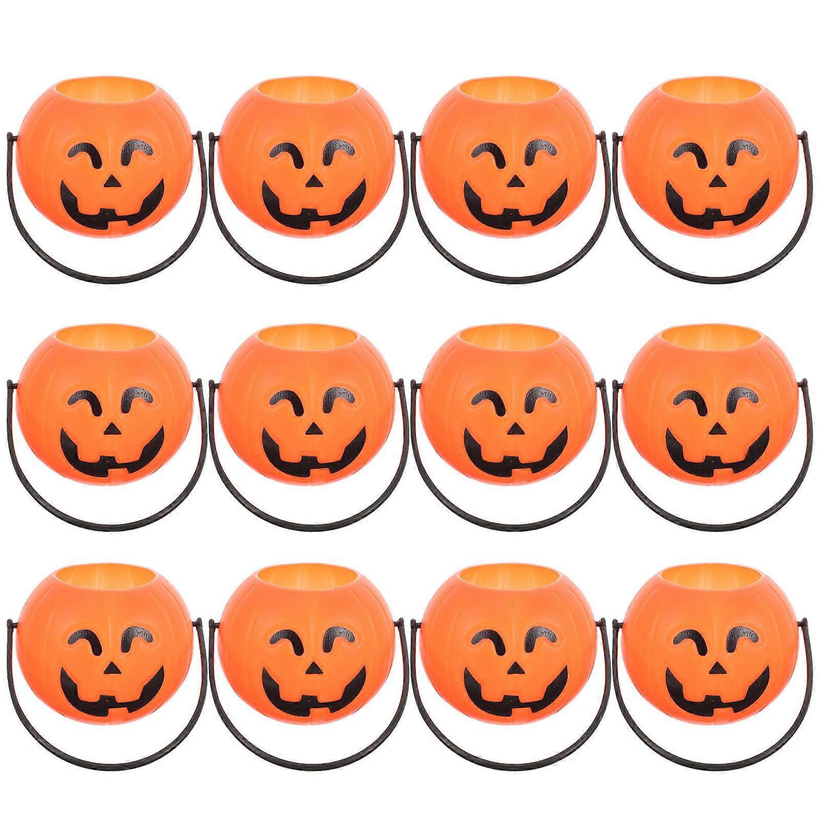 Halloween Pumpkin Candy Buckets with Handles 12pcs Decorative Treats Holder for Party, Carnival, Festival Random Style and Color