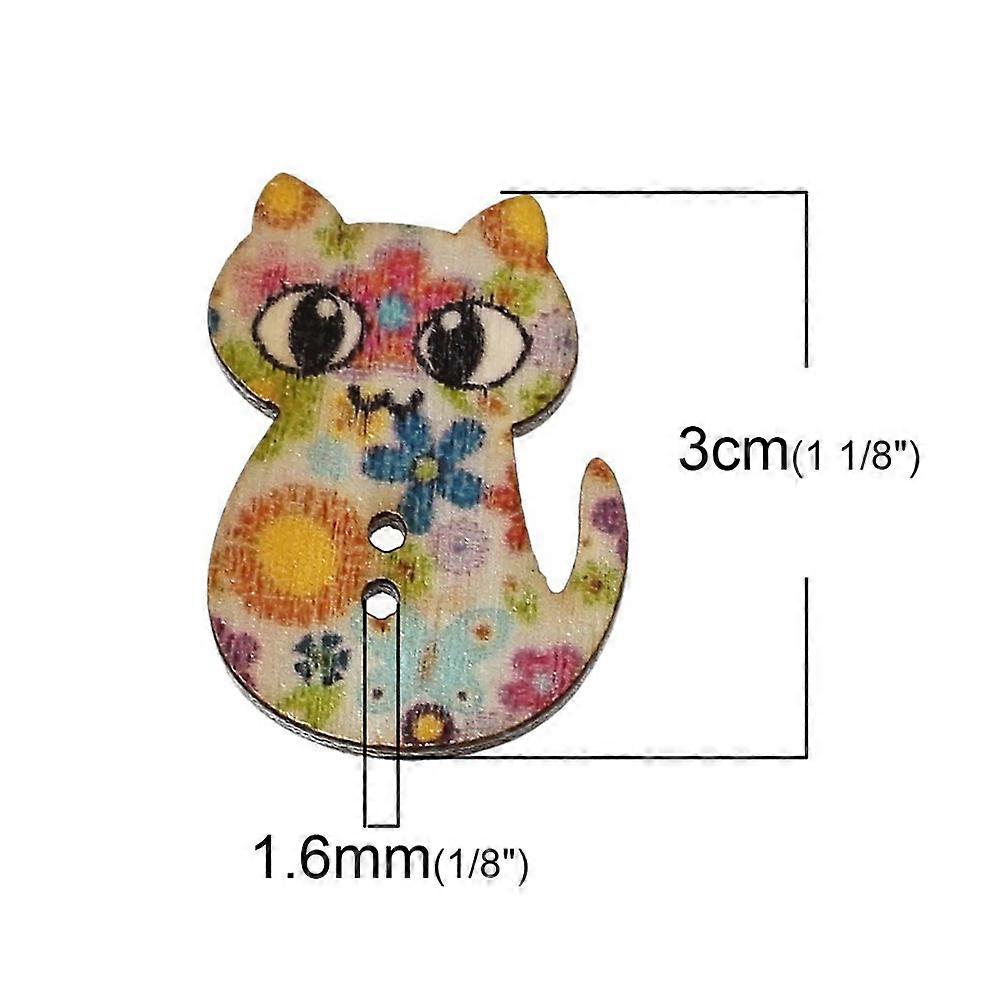 Colorful Design Cat Shape Wooden Buttons 100Pcs Great For DIY Crafting Kids Scrapbooking