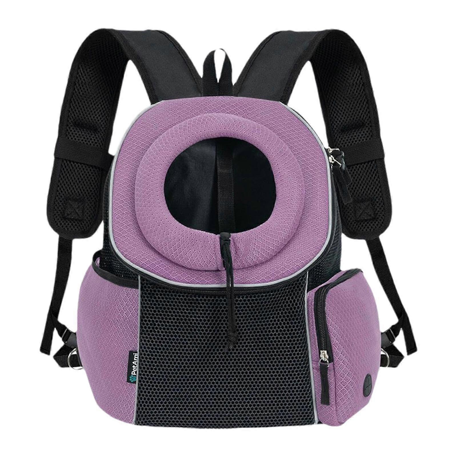 Purple dog front carrier backpack with storage space, suitable for hiking and camping.