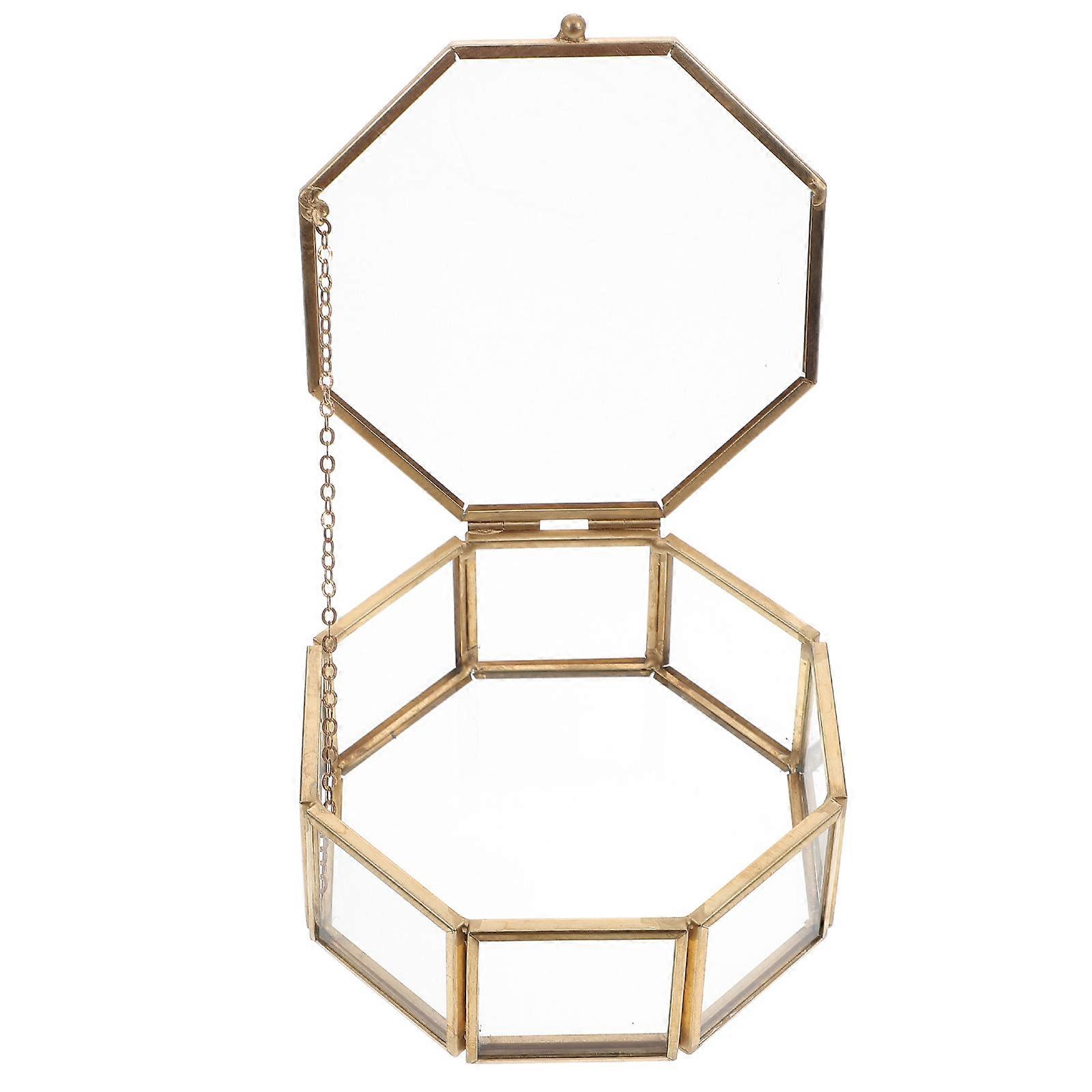 Octagonal Transparent Jewelry Storage Box with Gold Alloy Frame, Compact Earring Display Case for Home and Shop Organizing