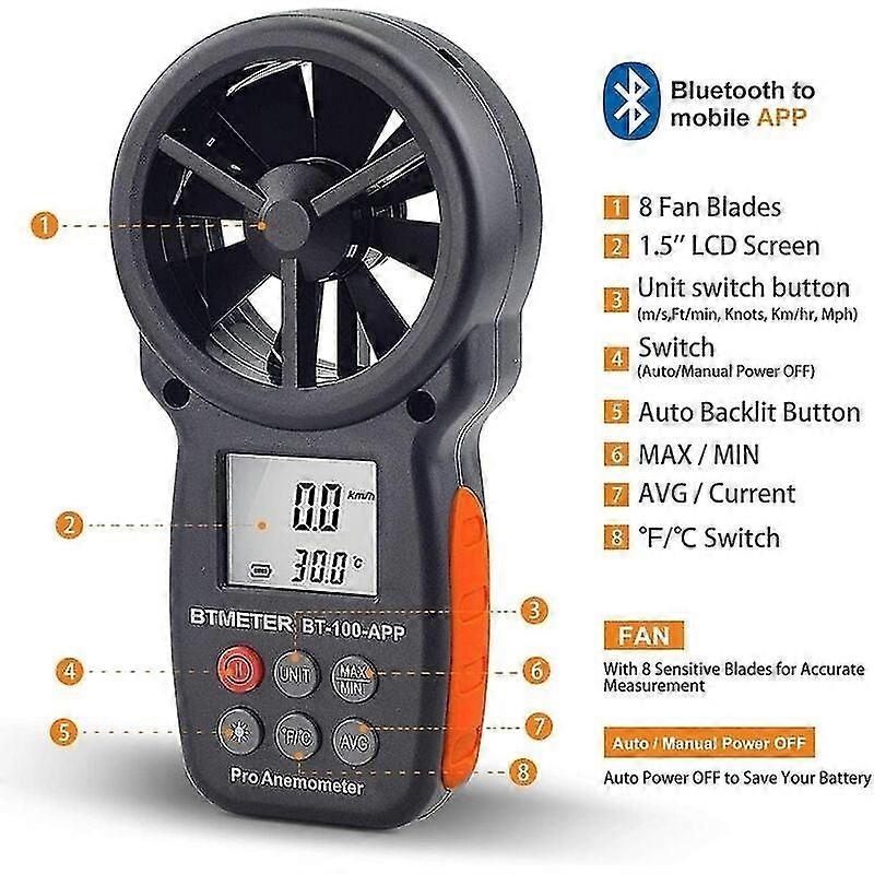 Handheld Digital Anemometer Bluetooth Wireless Anemometer Wind Chill Speed Temperature Monitor HG