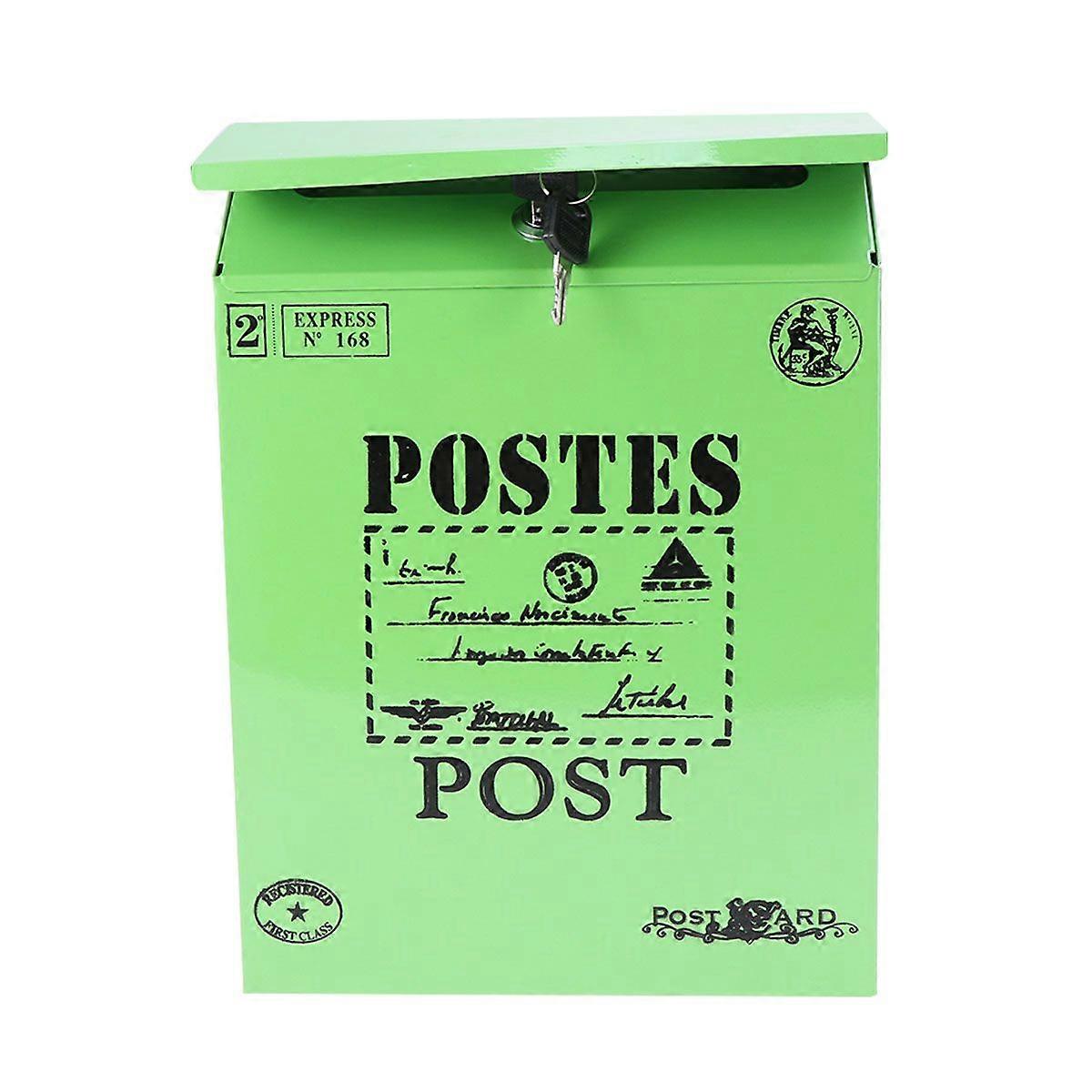 Wall Hanging Mounted Locking Mailbox Vintage Drop Iron Letterbox Post Box with Keys (Green)