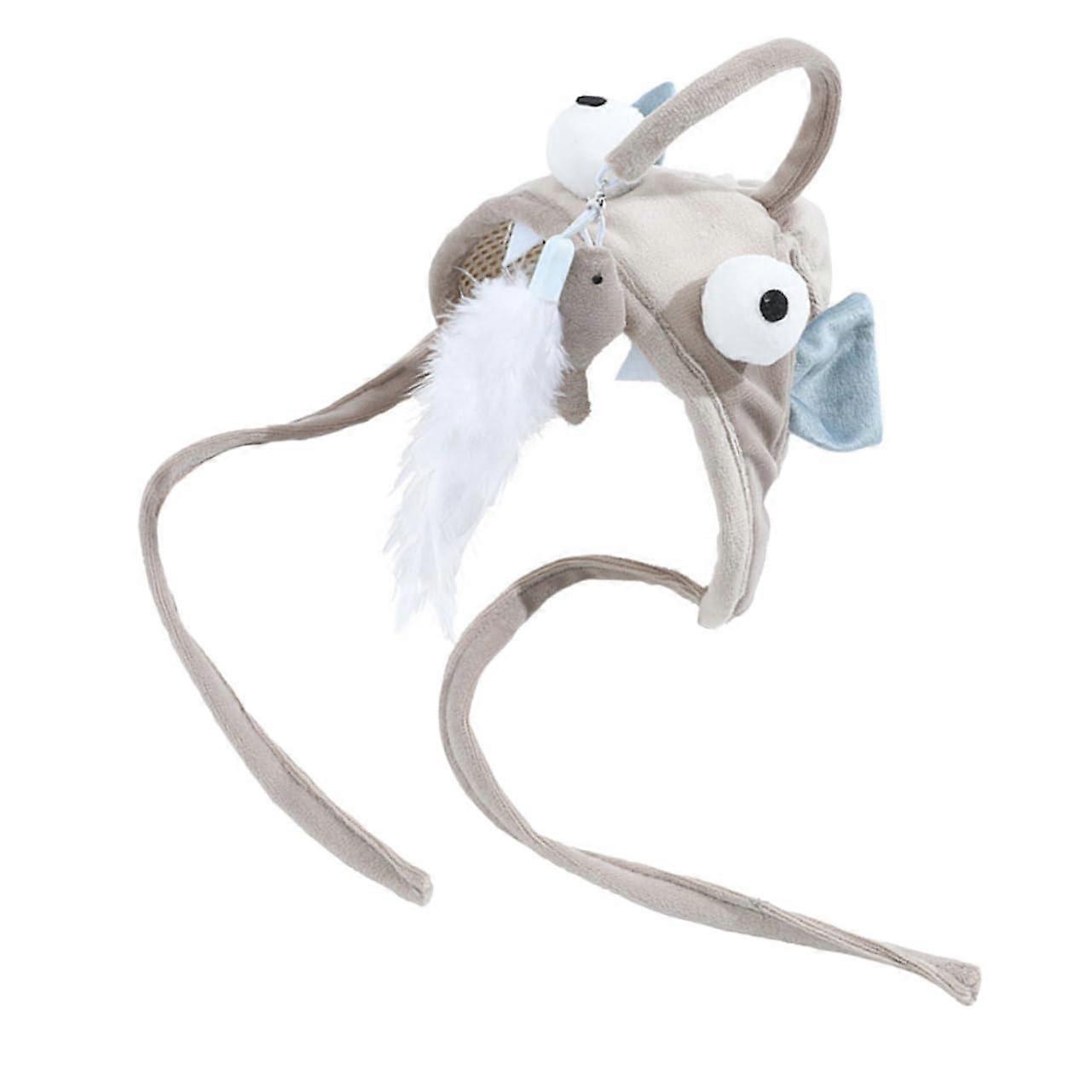 Interactive HeadWearing Cat Teasing Wand Gray Indoor Cat Toy With BigEyed Design For Active Play And Natural Instincts