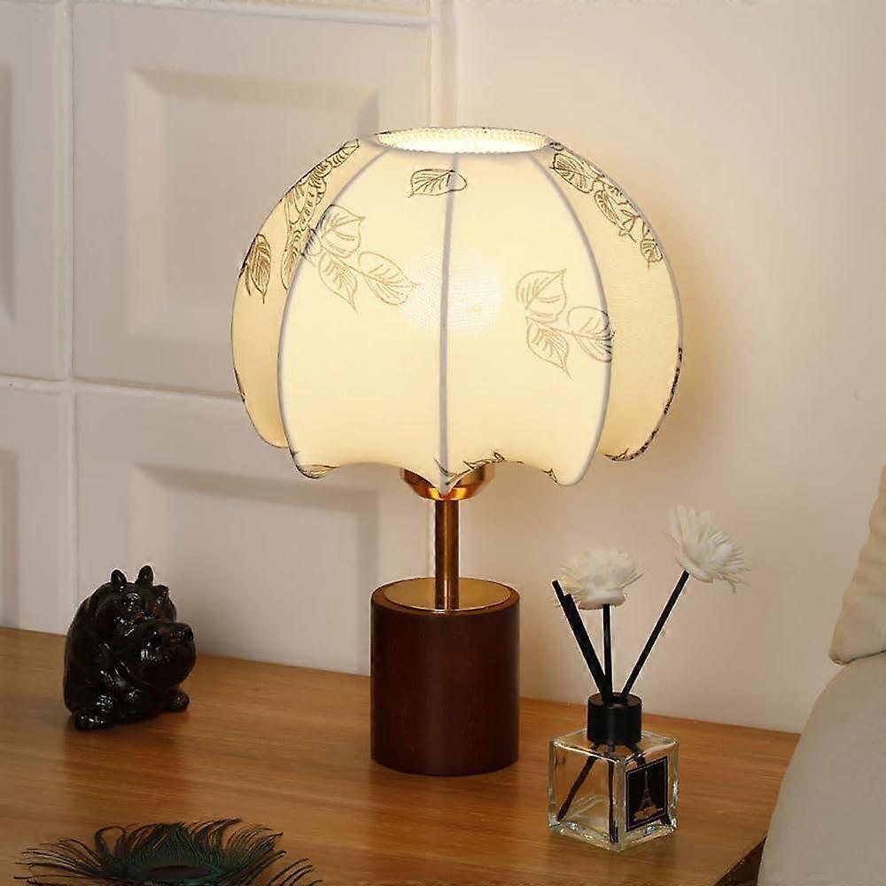 Vintage Small Table Lamp Walnut Wood Desk Light With Fabric Shade Mushroom Style Nightstand Lighting Floral Pattern A