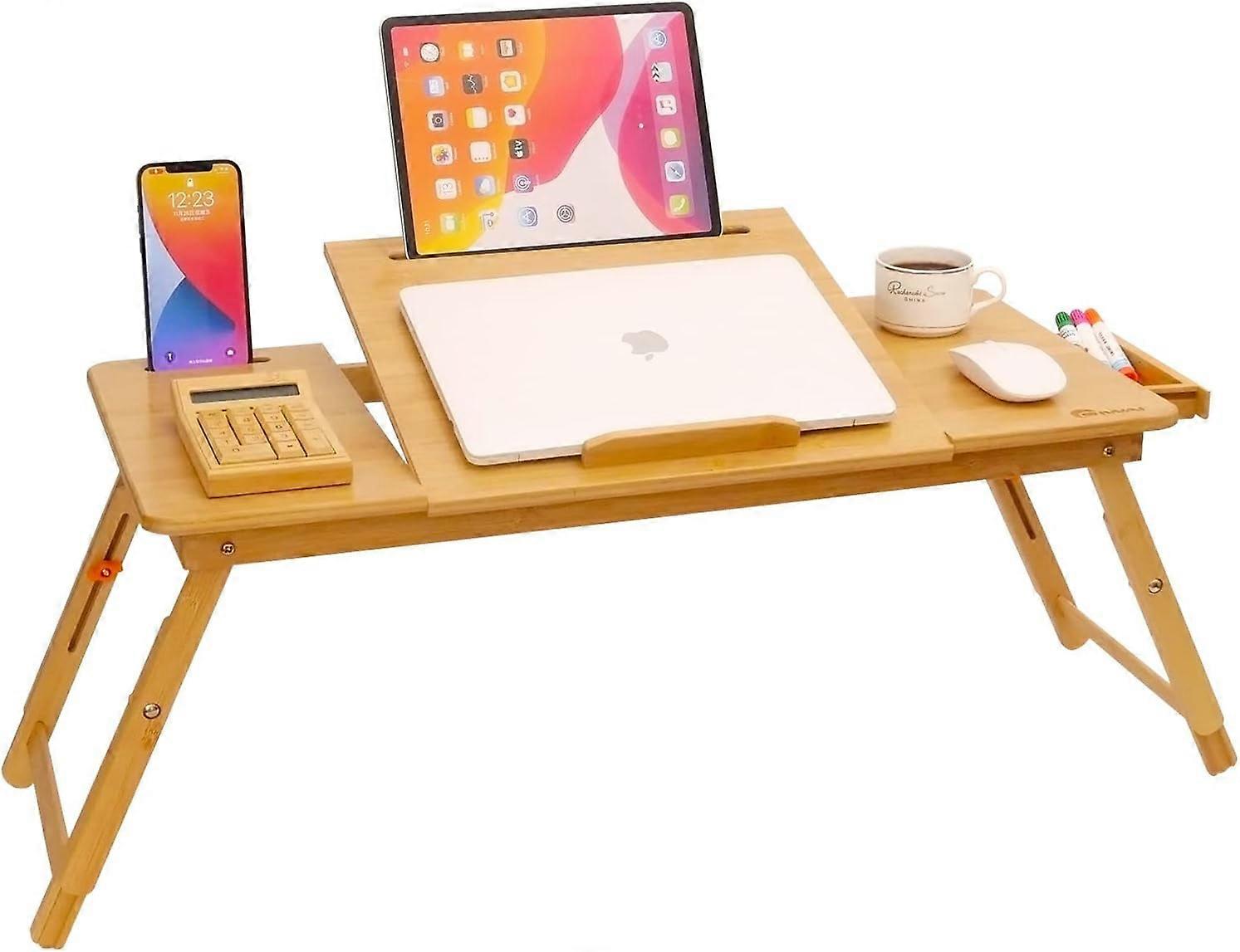 Bamboo Lap Desk for Bed - Adjustable Height, Foldable Design, Tablet Slot & Storage Drawer for Laptop, Breakfast, Work, Study, Reading, Writing -