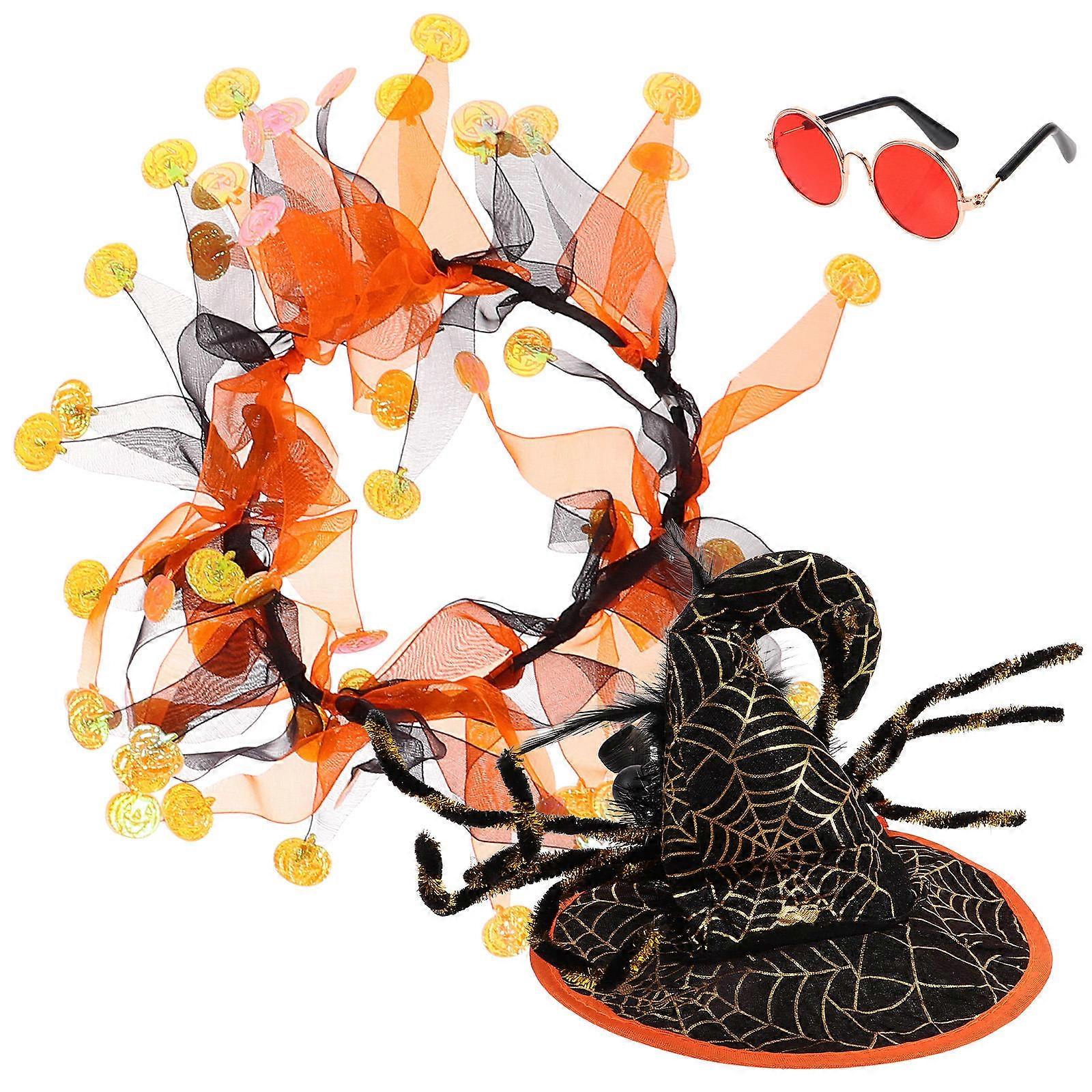 Festive Halloween Costume Set For Cats And Dogs 4 Sets Including Eyeglass Hat And Collar Outfits Durable Plush Material